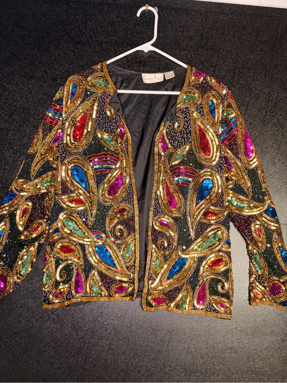 Vintage Laurence Kazar Silk Sequin Beaded Paisley Jacket Size L Colorful Gold
